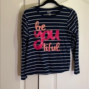 Long sleeve navy blue and white striped shirt